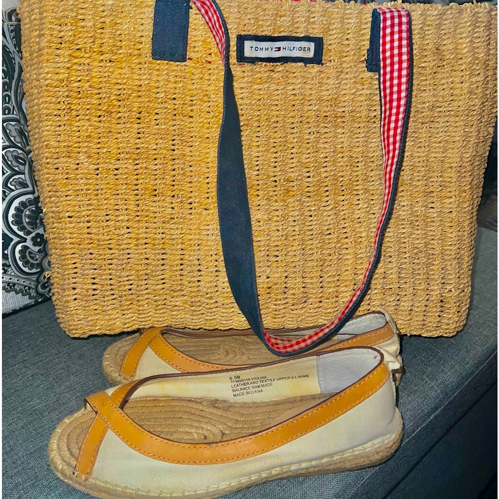 Tommy Hilfiger straw tote with matching Tommy Bahama size 6.5 flats.